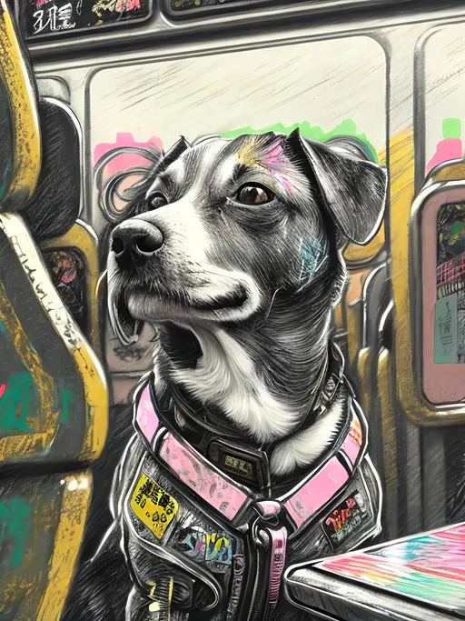 Prompt: pop art chalk pastel art of detailed dog on a train in cyberpunk japan during a festival, sketch, detailed background, highres, fun atmosphere, natural lighting,  abstract, fun