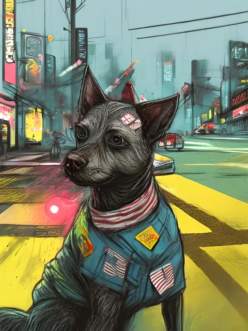 Prompt: pop art chalk pastel art of detailed dog wearing USA clothes playing in the streets in cyberpunk japan during a festival, sketch, detailed background, highres, fun atmosphere, natural lighting,  abstract, fun