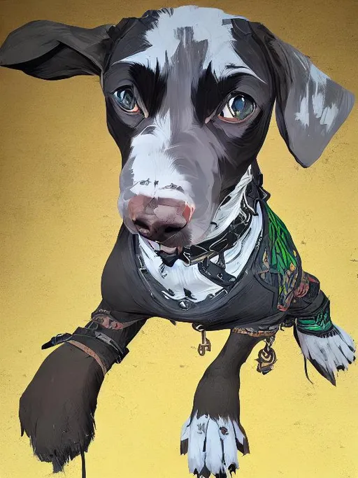 Prompt: mountain cur black dog in clothes gangster abstract art