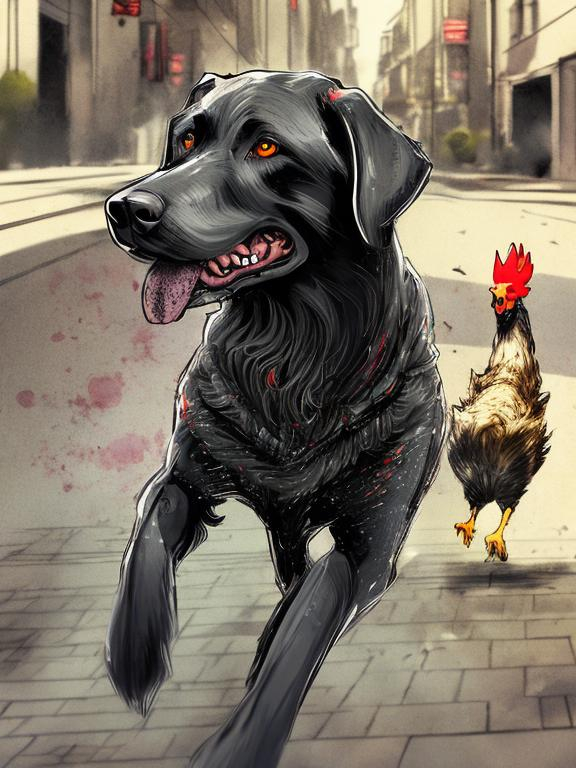 Prompt: a black dog wearing clothes chasing a chicken in the streets, sketch, detailed background, highres, fun atmosphere, natural lighting, pastel colors, abstract, fun