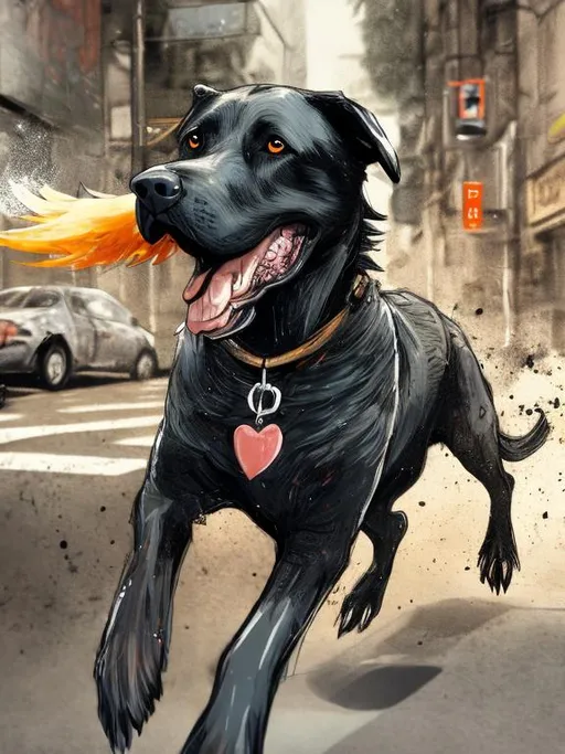 Prompt: a black dog wearing clothes chasing a chicken in the streets, sketch, detailed background, highres, fun atmosphere, natural lighting, pastel colors