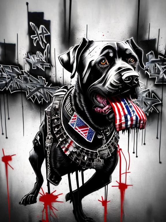 Prompt: Abstract art of a black dogs in gangster punk clothes, graffiti, streets, patriotic, detailed, atmospheric lighting, intense battle in the background, highres, ultra-detailed, abstract, gangster, detailed clothing, patriotic theme, streets, atmospheric lighting, dogs