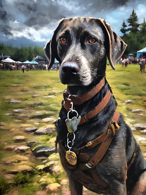 Prompt: Detailed mountain cur all black dog at a renaissance fair, festival, pop art chalk pastel, grunge, highres, abstract, natural lighting, lively atmosphere, fun, vibrant, happy-go-lucky, detailed dogs, detailed eyes, detailed fur, festive, flying, post-apocalyptic, Japan, chalk pastel, detailed background, grunge style, abstract art, high quality, natural lighting