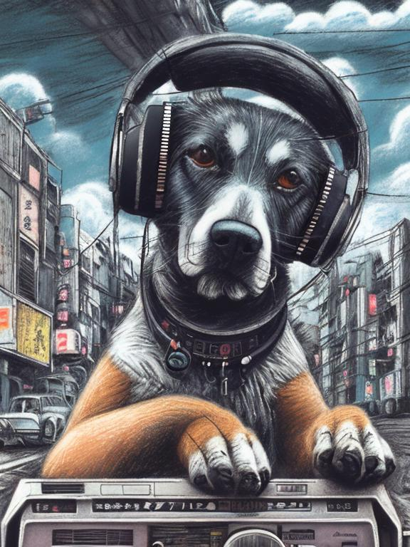 Prompt: chalk pastel art of a detailed dog listening to music on a tape player on the streets in post-apocalyptic Japan during a festival with planes in the background, sketch, detailed background, highres, fun atmosphere, natural lighting,  abstract, fun