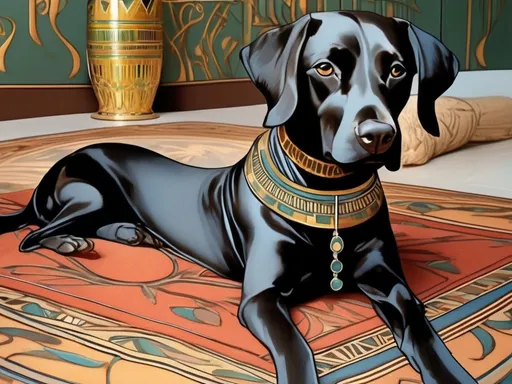 Prompt: Art Nouveau style black dogs in egyptian clothing