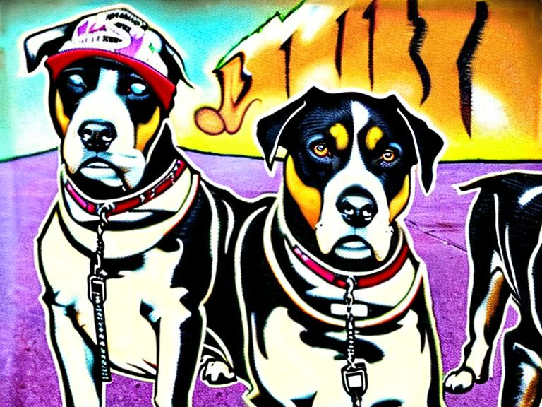 Prompt: mountain cur black dogs in gangster rappers clothing graffiti