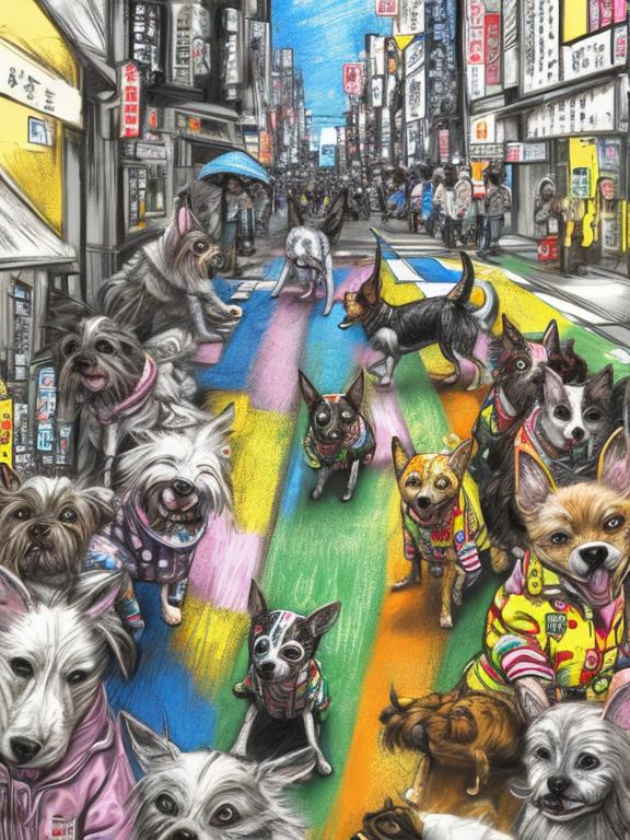 Prompt: pop art chalk pastel art of detailed dogs wearing clothes playing in the streets in japan during a festival, sketch, detailed background, highres, fun atmosphere, natural lighting,  abstract, fun