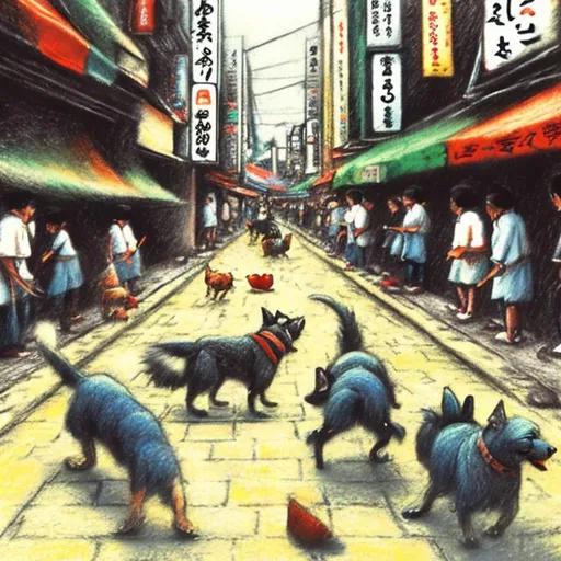 Prompt: etchy chalk pastel art of dogs playing in the streets in japan during a festival, sketch, detailed background, highres, fun atmosphere, natural lighting, pastel colors, abstract, fun