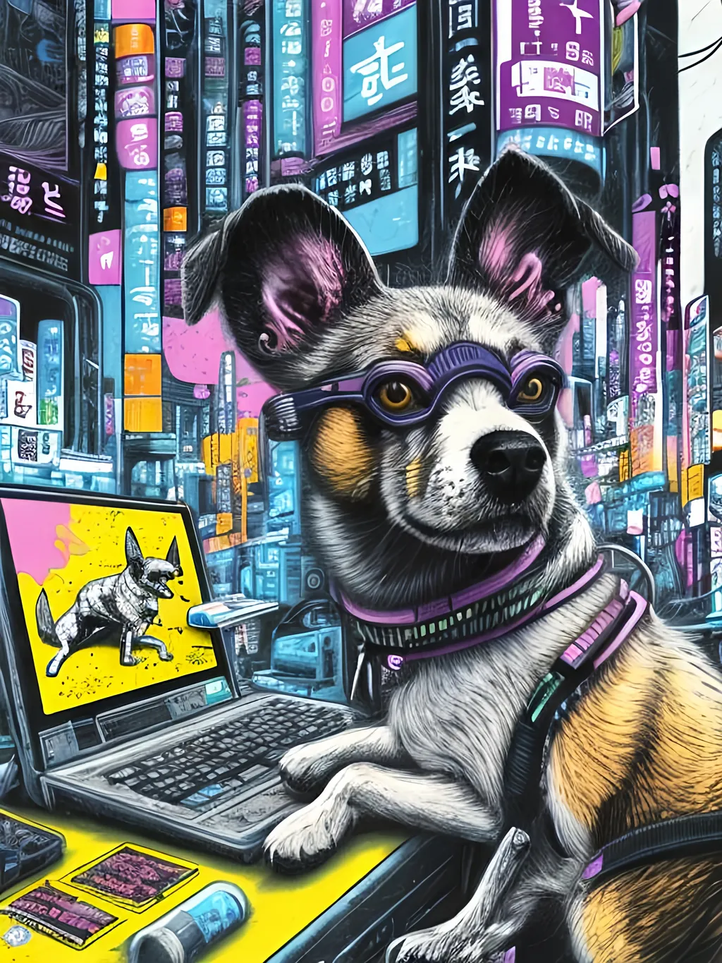 Prompt: pop art chalk pastel art of a detailed dog hacking a computer on the streets in cyberpunk japan with planes in the background, sketch, detailed background, highres, fun atmosphere, natural lighting,  abstract, fun