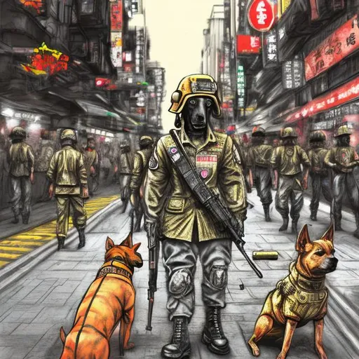 Prompt: pop art chalk pastel art of detailed dog wearing military uniforms<mymodel> playing in the streets in cyberpunk japan during a festival, sketch, detailed background, highres, fun atmosphere, natural lighting,  abstract, fun