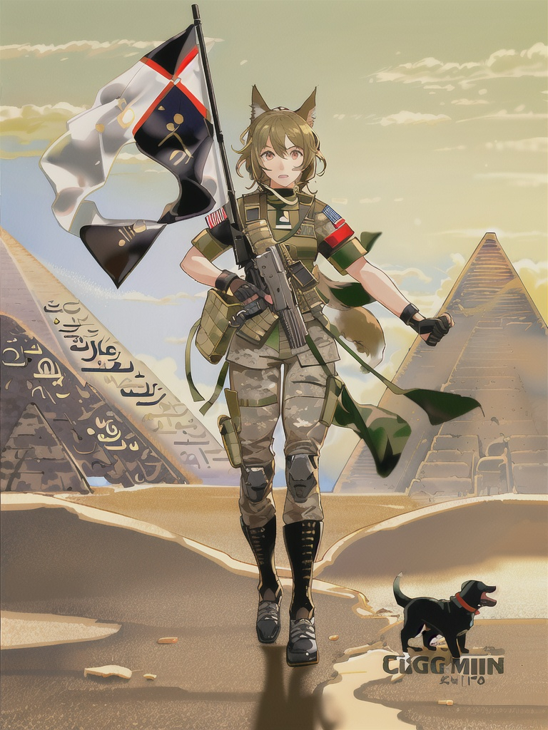 Prompt: black mountain cur dog in military gear in egypt