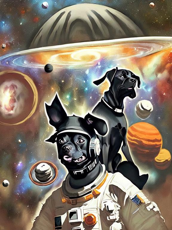 Prompt: Surrealism black dogs in trump outfits in space, abstract art style, cowboy hat, fun atmosphere, floating celestial bodies, mysterious nebulae, dreamlike, surreal, high contrast, otherworldly, abstract, space, astronaut, fun atmosphere, celestial bodies, dreamlike, surreal, high contrast, mysterious, nebulae, dogs, usa