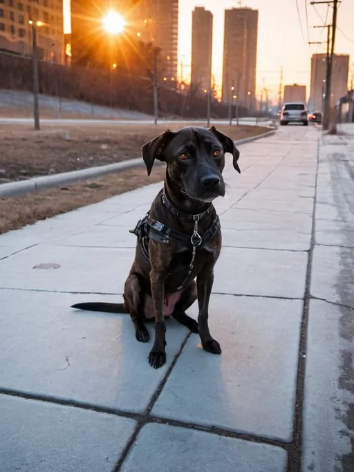 Prompt: mountain cur black dog in cyberpunk city with sun set