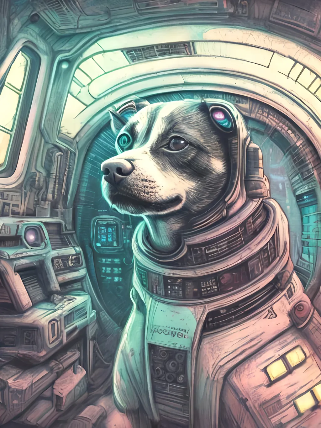 Prompt: chalk pastel style of a  detailed dog in a cyberpunk spaceship, sketch, detailed background, highres, fun atmosphere, natural lighting,  abstract, fun