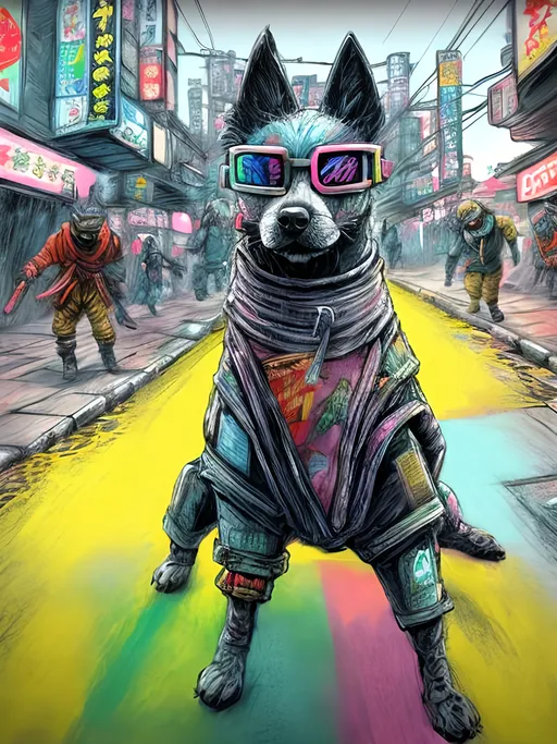 Prompt: pop art chalk pastel art of detailed dog wearing ninja clothes playing in the streets in cyberpunk japan during a festival, sketch, detailed background, highres, fun atmosphere, natural lighting,  abstract, fun