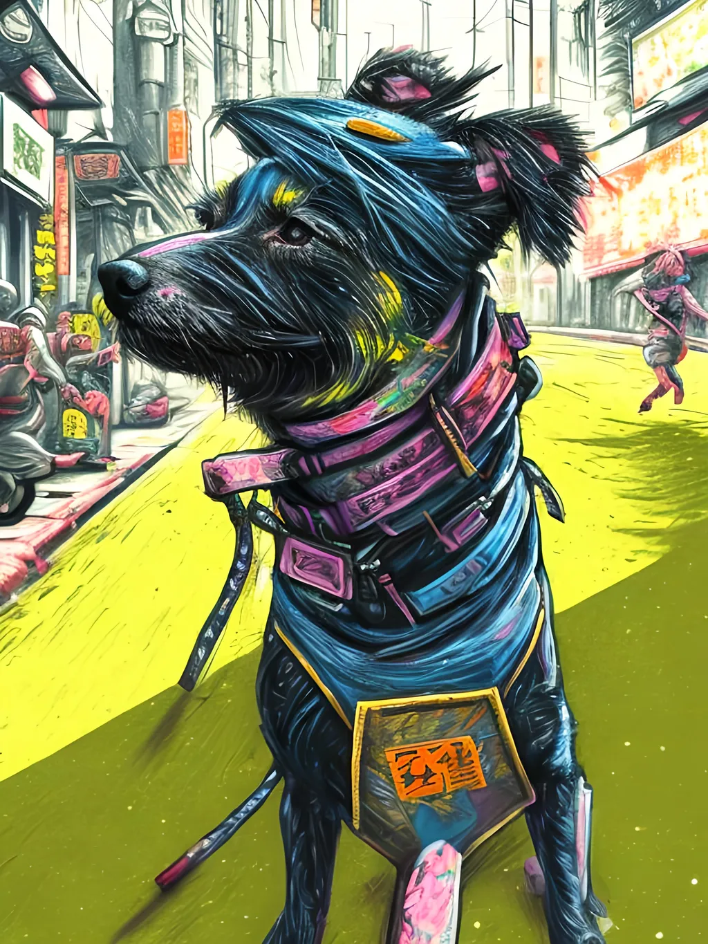 Prompt: pop art chalk pastel art of detailed dogs wearing ninja clothes playing in the streets in cyberpunk japan during a festival, sketch, detailed background, highres, fun atmosphere, natural lighting,  abstract, fun