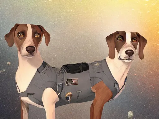 Prompt: black mountain cur dogs in space dressed in nasa uniforms