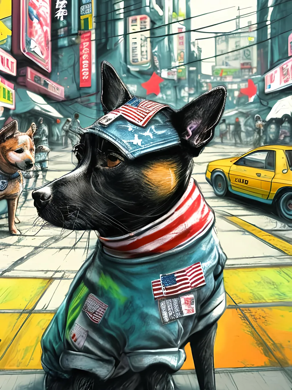 Prompt: pop art chalk pastel art of detailed dog wearing USA clothes playing in the streets in cyberpunk japan during a festival, sketch, detailed background, highres, fun atmosphere, natural lighting,  abstract, fun