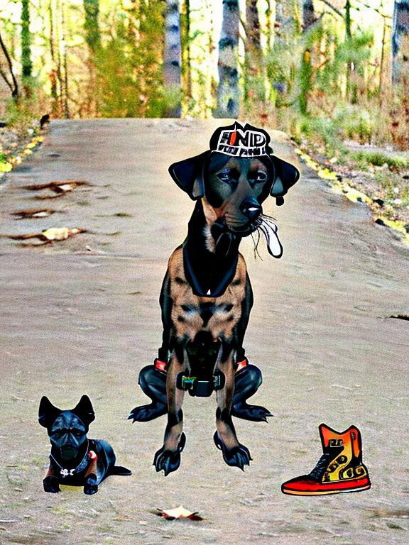 Prompt: mountain cur black dogs in gangster rappers clothing 