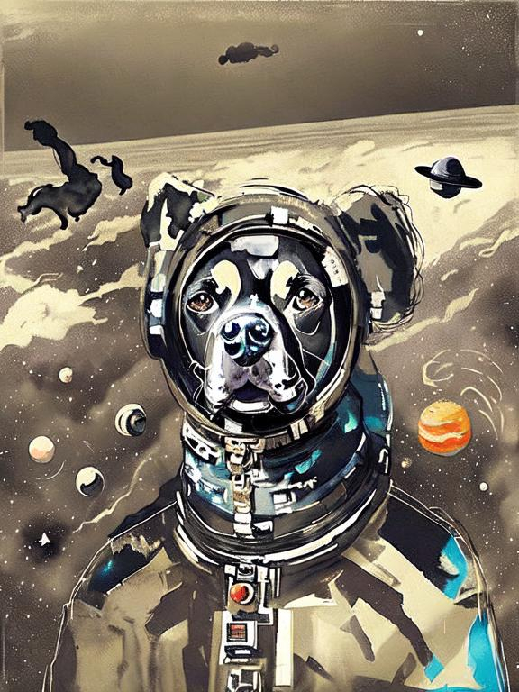 Prompt: Surrealism black dogs in cowboy outfits in space, abstract art style, cowboy hat, fun atmosphere, floating celestial bodies, mysterious nebulae, dreamlike, surreal, high contrast, otherworldly, abstract, space, astronaut, fun atmosphere, celestial bodies, dreamlike, surreal, high contrast, mysterious, nebulae, dogs, Pro trump clothing