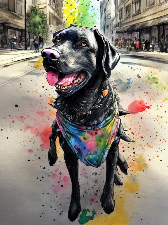 Prompt: a black dog wearing clothes having fun in the streets, water color, sketch, detailed background, highres