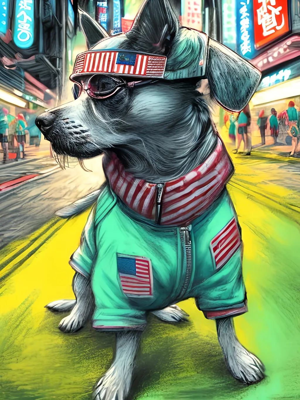 Prompt: pop art chalk pastel art of detailed dog wearing usa clothes playing in the streets in cyberpunk japan during a festival, sketch, detailed background, highres, fun atmosphere, natural lighting,  abstract, fun