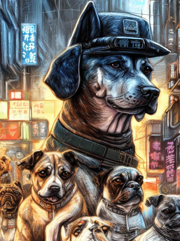 Prompt: chalk pastel art of a detailed dogs wearing military uniforms on the streets in cyberpunk japan during a festival, sketch, detailed background, highres, fun atmosphere, natural lighting,  abstract, fun