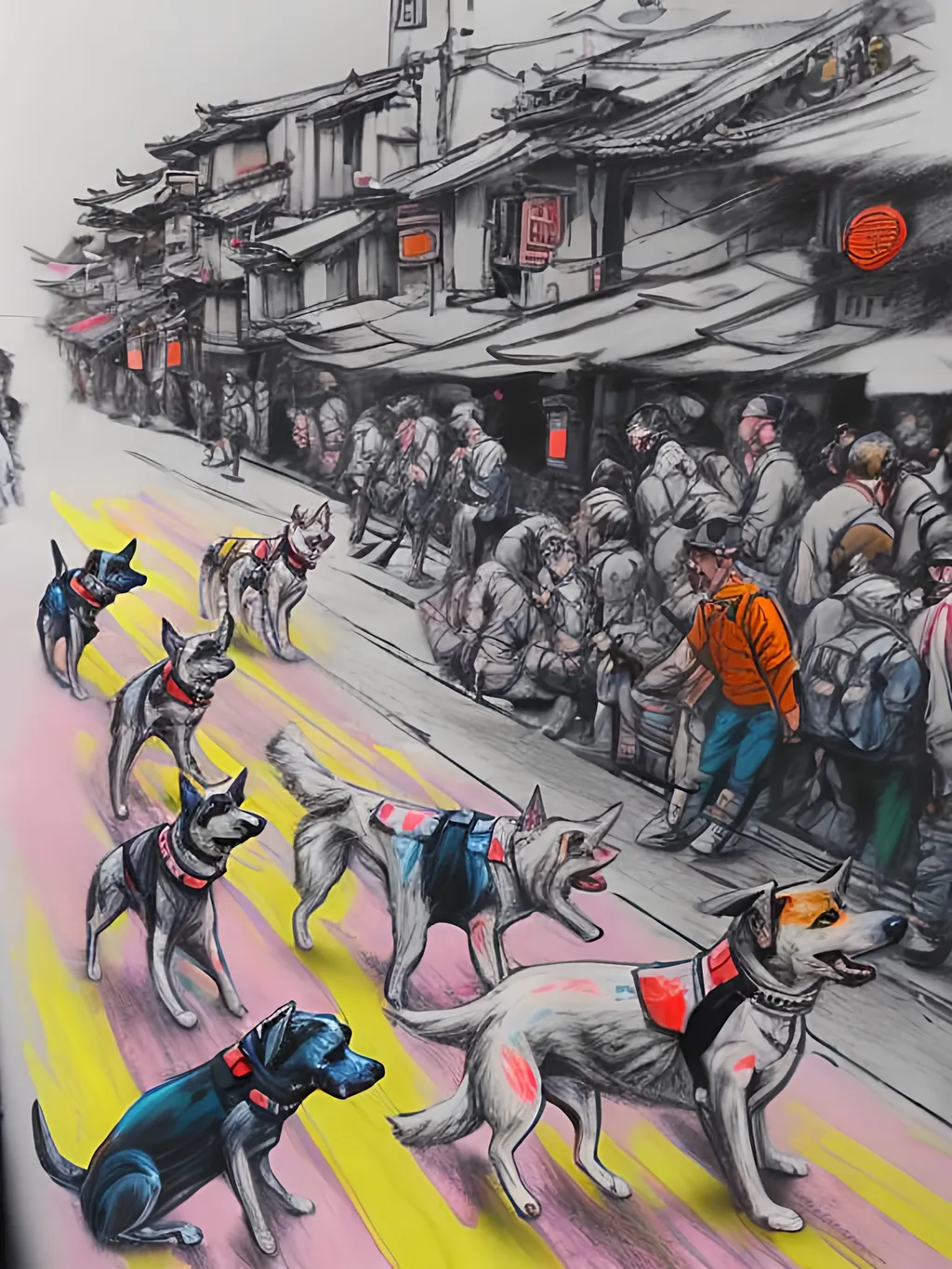 Prompt: pop art chalk pastel art of detailed dogs wearing pilot uniforms playing in the streets in japan during a festival, sketch, detailed background, highres, fun atmosphere, natural lighting,  abstract, fun