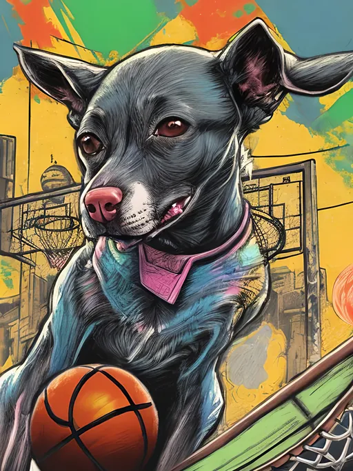 Prompt: pop art chalk pastel art of detailed dog playing basket ball game in cyberpunk japan, sketch, detailed background, highres, fun atmosphere, natural lighting,  abstract, fun