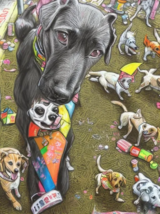 Prompt: pop art chalk pastel art of detailed dogs wearing clothes playing in the streets in japan during a festival, sketch, detailed background, highres, fun atmosphere, natural lighting,  abstract, fun