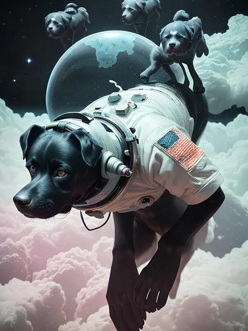 Prompt: Surrealism black dogs in astronaut outfits in space, abstract art style, eerie atmosphere, floating celestial bodies, mysterious nebulae, dreamlike, surreal, high contrast, otherworldly, abstract, space, astronaut, eerie atmosphere, celestial bodies, dreamlike, surreal, high contrast, mysterious, nebulae, dogs