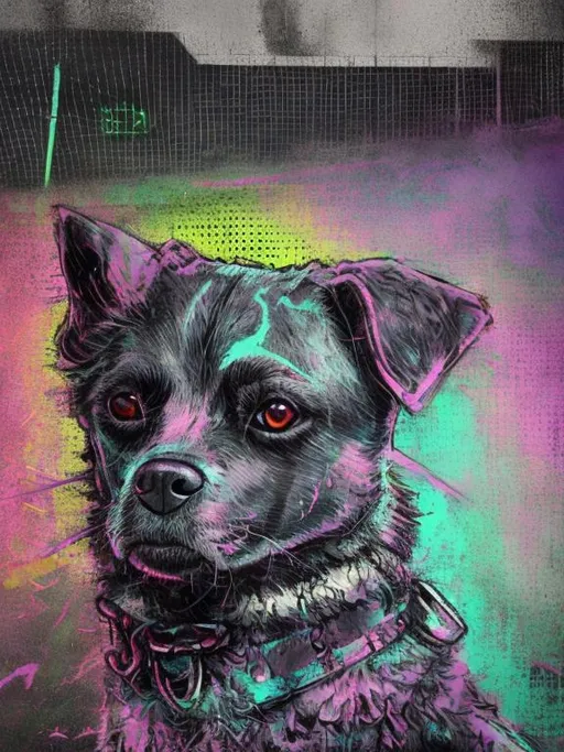 Prompt: Detailed pastel chalk pop art of an all-black mountain cur dog in a school uniform, cyberpunk city background, detailed fur with cool reflections, intense and focused gaze, high-tech collar, highres, pop art, pastel chalk, cyberpunk, detailed eyes, school uniform, detailed background, professional, atmospheric lighting