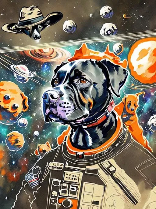 Prompt: Surrealism black dogs in trump outfits in space, abstract art style, cowboy hat, fun atmosphere, floating celestial bodies, mysterious nebulae, dreamlike, surreal, high contrast, otherworldly, abstract, space, astronaut, fun atmosphere, celestial bodies, dreamlike, surreal, high contrast, mysterious, nebulae, dogs, usa