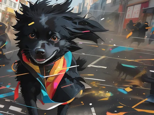 Prompt: black dog wearing ninja clothes having fun in the streets with a battle in the background, dogs, abstract art, Screen print, splash screen art, digital art, 8k resolution trending on Artstation, golden ratio, akira, rule of thirds, geometric bauhaus, Studio Ghibli, Anime Key Visual, by Makoto Shinkai, Deep Color, Intricate, 8k resolution concept art, Natural Lighting, Beautiful Composition