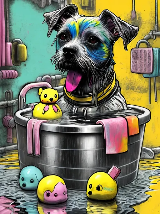 Prompt: pop art chalk pastel art of detailed dog taking a bath with a rubber ducky in cyberpunk japan, sketch, detailed background, highres, fun atmosphere, natural lighting,  abstract, fun