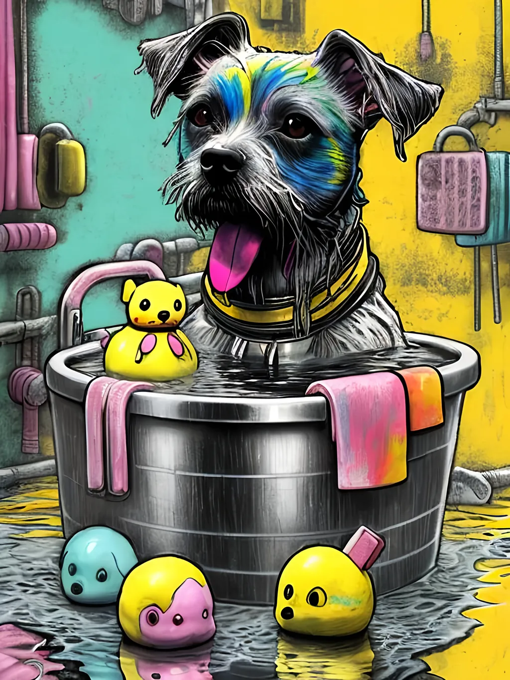 Prompt: pop art chalk pastel art of detailed dog taking a bath with a rubber ducky in cyberpunk japan, sketch, detailed background, highres, fun atmosphere, natural lighting,  abstract, fun