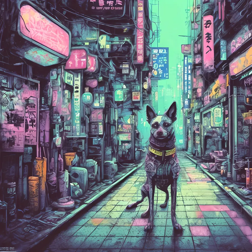 Prompt: pop art chalk pastel, a detailed grunge dog in the streets in cyberpunk japan, detailed background, natural lighting, highres, fun