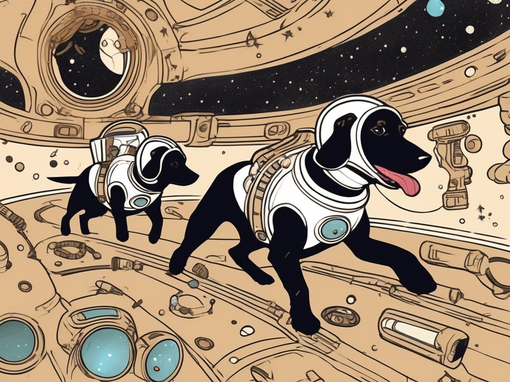 Prompt: Art Nouveau style black dogs in space in astronaut outfits