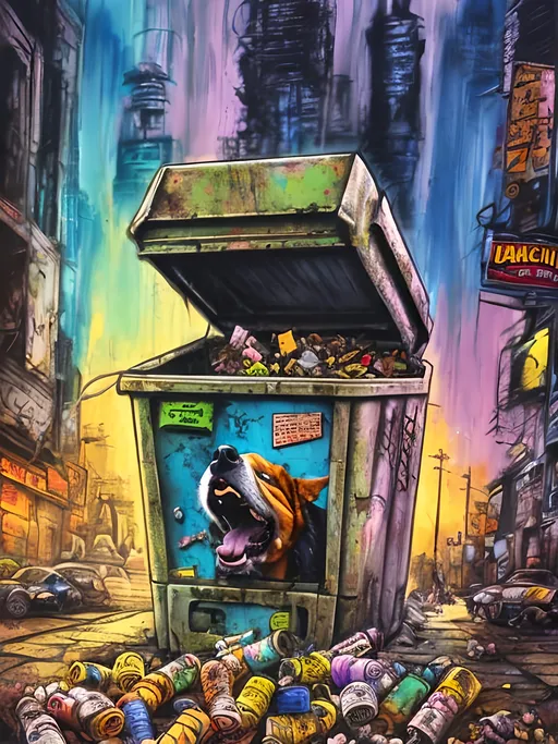 Prompt: Detailed happy dog dumpster diving during a festival, sketch, pop art chalk pastel, detailed post-apocalyptic city background, grunge, highres, abstract, natural lighting, lively atmosphere, fun, detailed dogs, colorful, chaotic, vibrant, happy-go-lucky