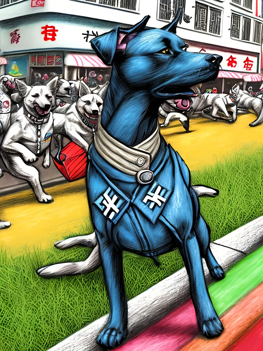 Prompt: pop art chalk pastel art of detailed dogs wearing nazi uniforms playing in the streets in japan during a festival, sketch, detailed background, highres, fun atmosphere, natural lighting,  abstract, fun