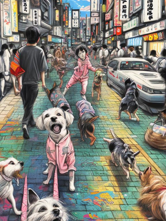 Prompt: pop art chalk pastel art of detailed dogs wearing clothes playing in the streets in japan during a festival, sketch, detailed background, highres, fun atmosphere, natural lighting,  abstract, fun