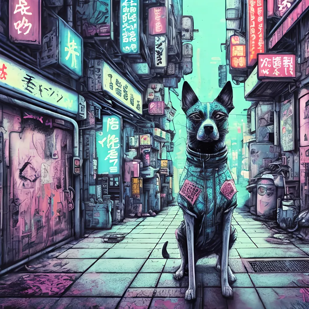 Prompt: pop art chalk pastel, a detailed grunge dog in the streets in cyberpunk japan, detailed background, natural lighting, highres, fun