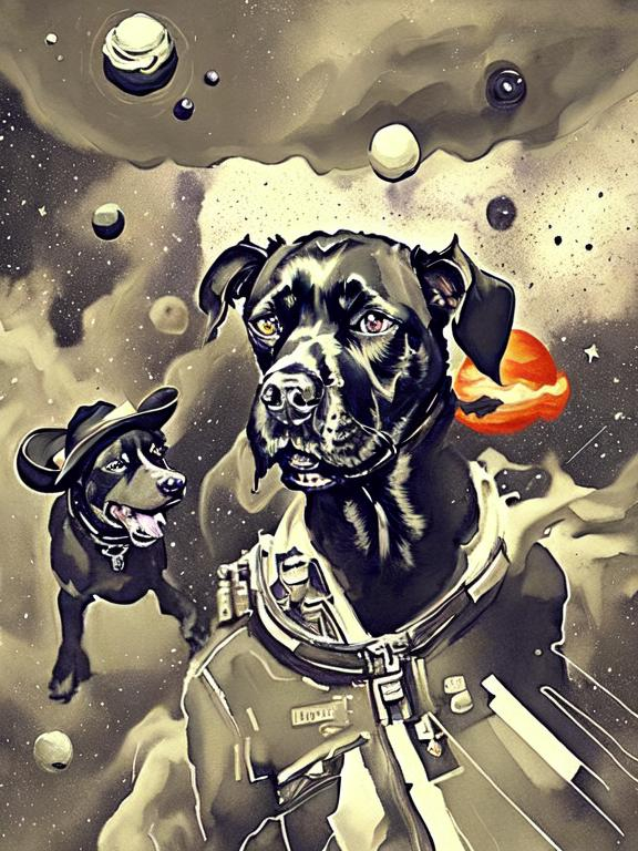 Prompt: Surrealism black dogs in cowboy outfits in space, abstract art style, cowboy hat, fun atmosphere, floating celestial bodies, mysterious nebulae, dreamlike, surreal, high contrast, otherworldly, abstract, space, astronaut, fun atmosphere, celestial bodies, dreamlike, surreal, high contrast, mysterious, nebulae, dogs, Pro trump clothing