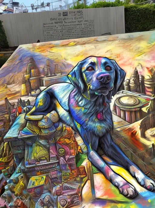 Prompt: pop art chalk pastel art of detailed dog as the sphinx in toyko, sketch, detailed background, highres, fun atmosphere, natural lighting,  abstract, fun