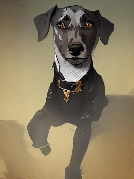 Prompt: mountain cur black dog in clothes gangster abstract art