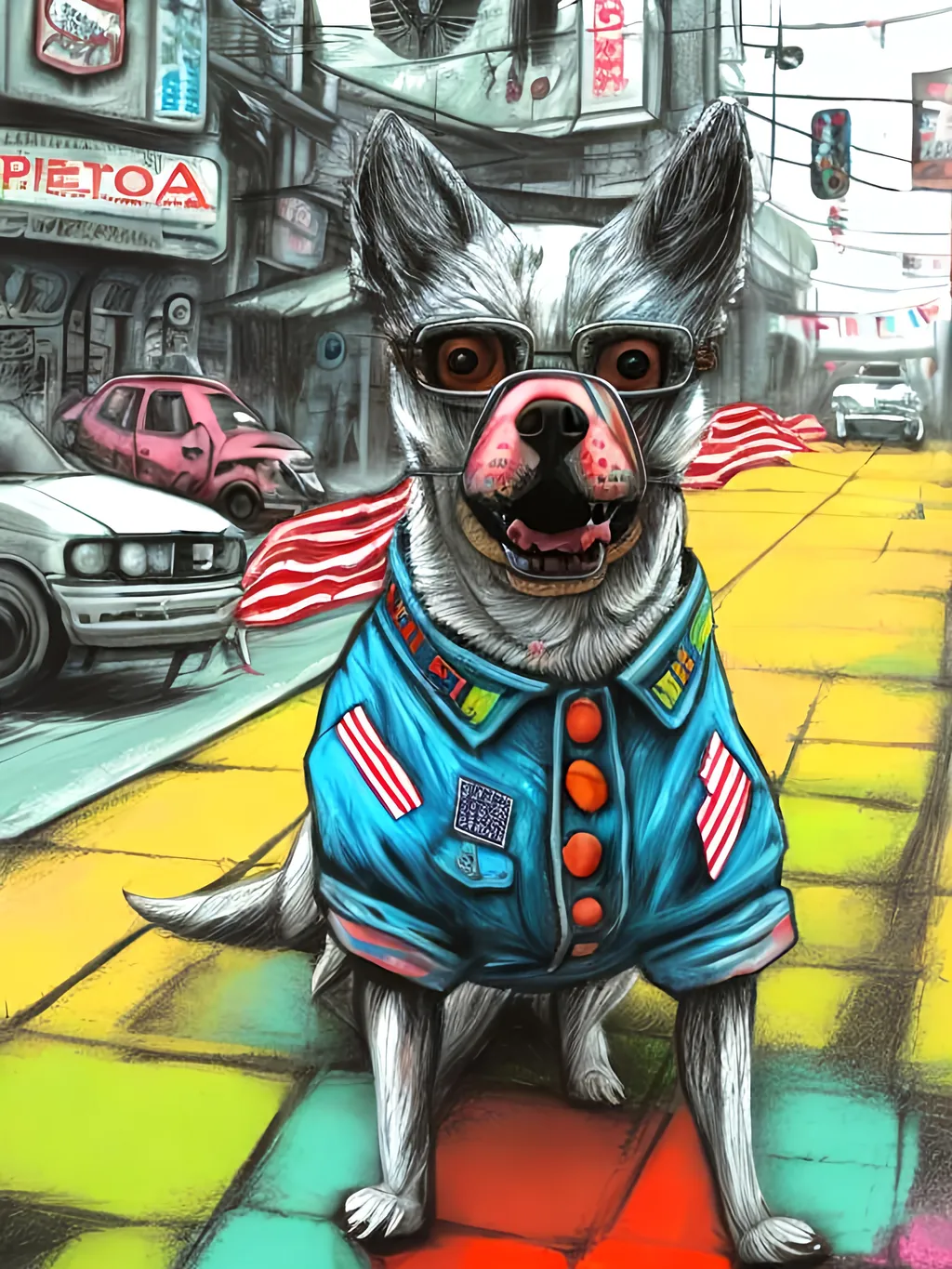 Prompt: pop art chalk pastel art of detailed dog wearing usa clothes playing in the streets in dystopian japan during a festival, sketch, detailed background, highres, fun atmosphere, natural lighting,  abstract, fun