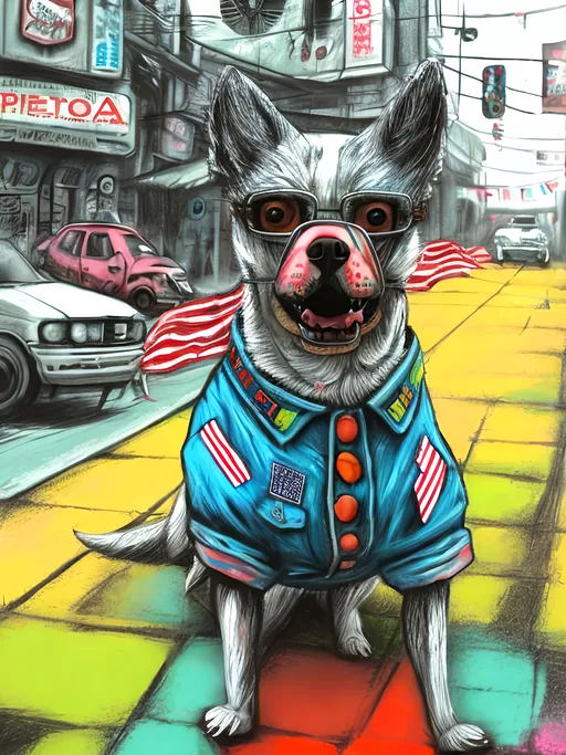 Prompt: pop art chalk pastel art of detailed dog wearing usa clothes playing in the streets in dystopian japan during a festival, sketch, detailed background, highres, fun atmosphere, natural lighting,  abstract, fun