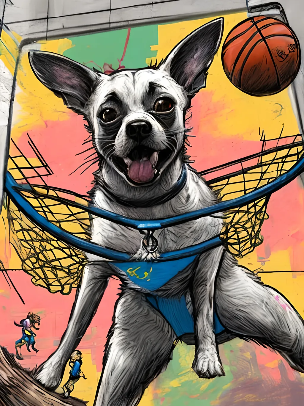 Prompt: pop art chalk pastel art of detailed dog playing basket ball game in cyberpunk japan, sketch, detailed background, highres, fun atmosphere, natural lighting,  abstract, fun