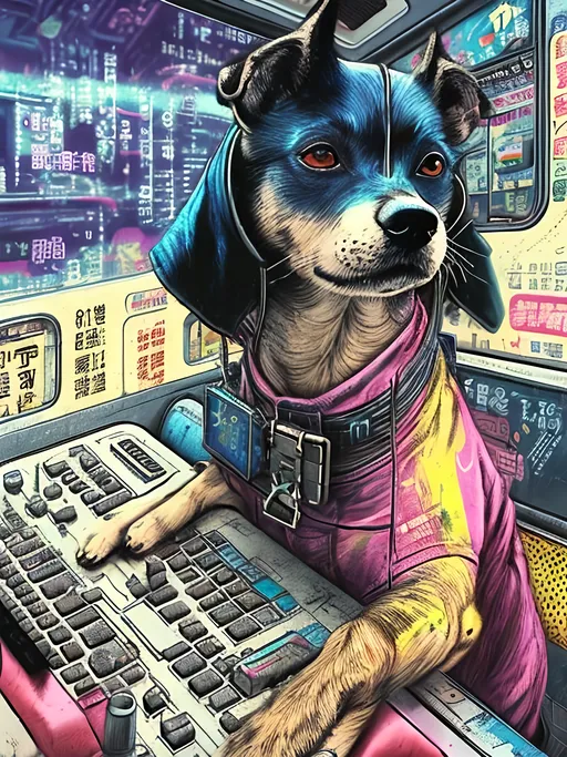 Prompt: pop art chalk pastel art of a detailed dog hacking a computer on the subway train in cyberpunk japan with planes in the background, sketch, detailed background, highres, fun atmosphere, natural lighting,  abstract, fun