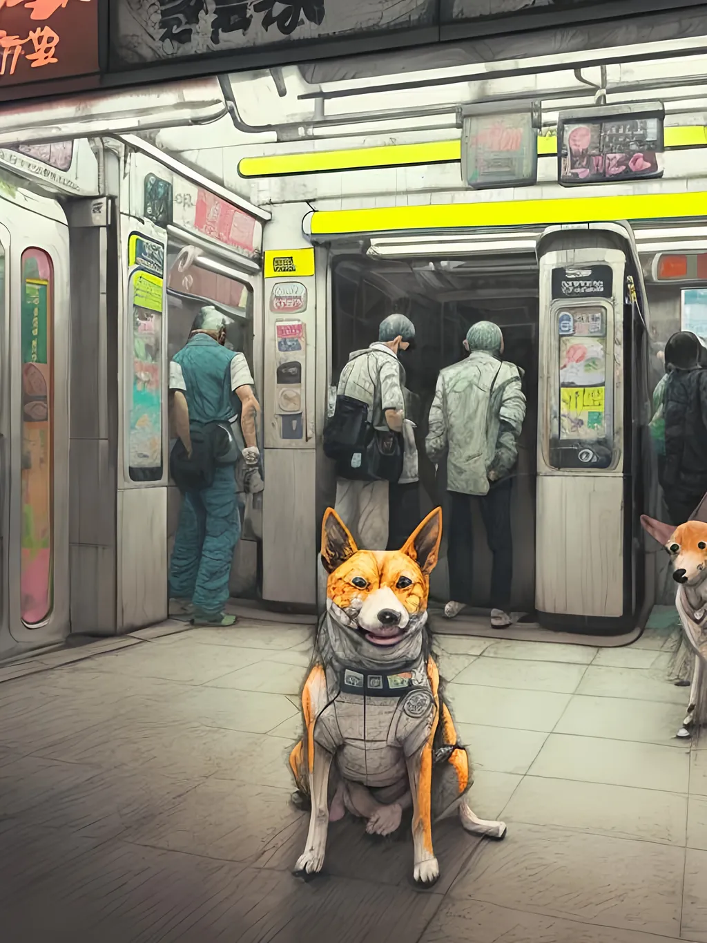 Prompt: pop art chalk pastel art of detailed dog at a subway in cyberpunk japan, sketch, detailed background, highres, fun atmosphere, natural lighting,  abstract, fun